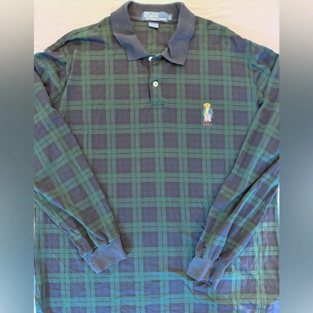 Vtg Polo Ralph Lauren Embroidered Bear Mens Large Green Blue Plaid Polo Shirt